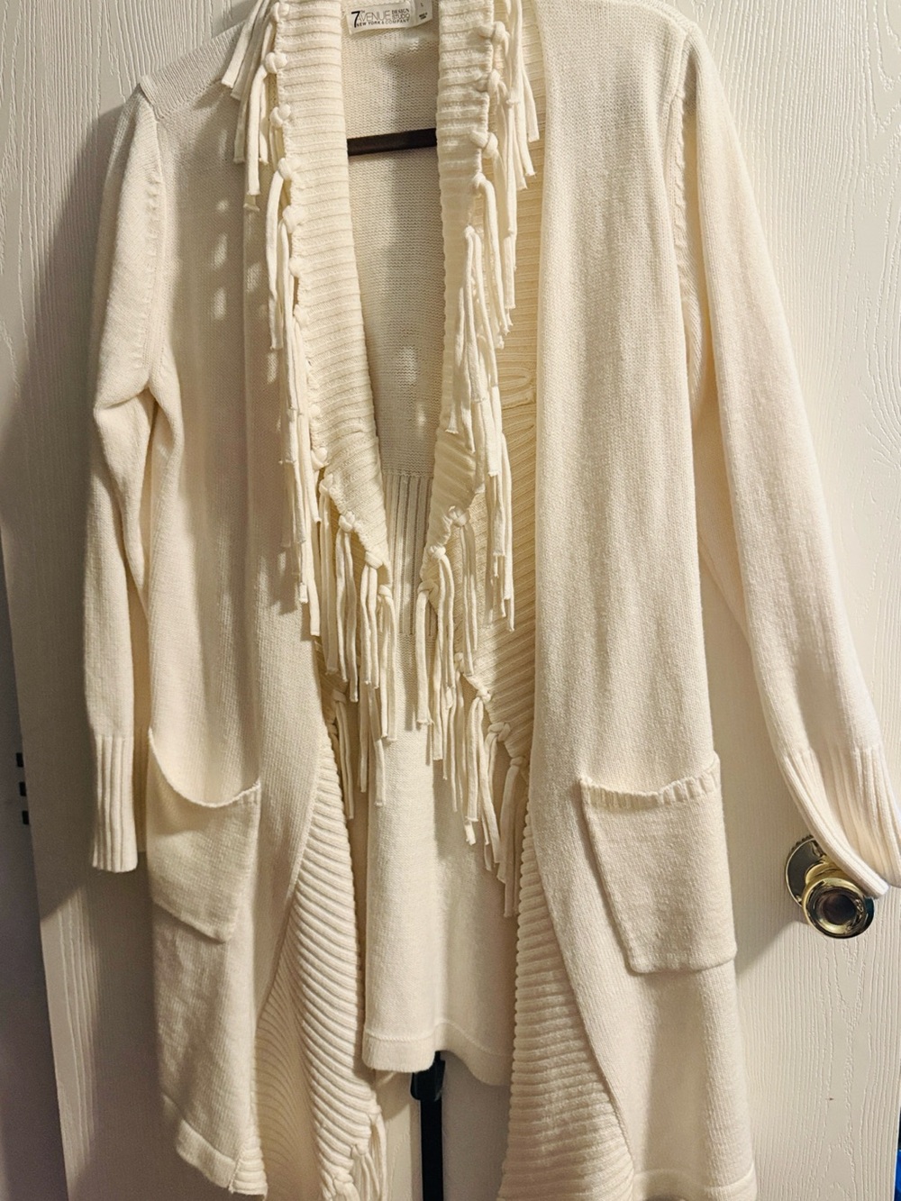 Zabelle Cream Fringe Open-Front Cardigan with Pockets